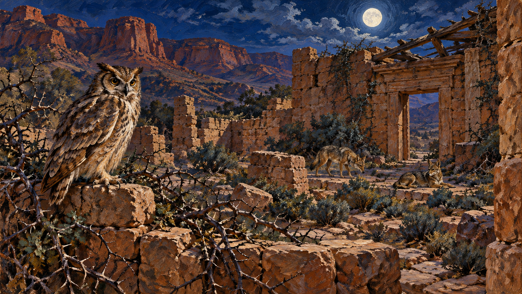 Classical oil painting of an owl and jackals inhabiting thorn-covered ruins, illustrating the desolation in Isaiah 34.