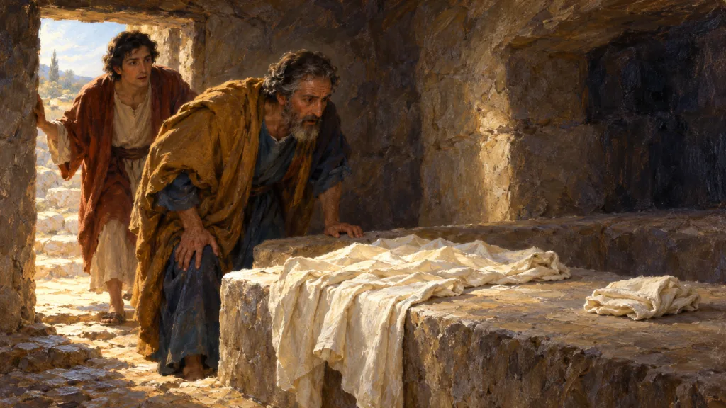 Classical oil painting of Peter and John examining burial linens and a separate face cloth in the empty tomb.