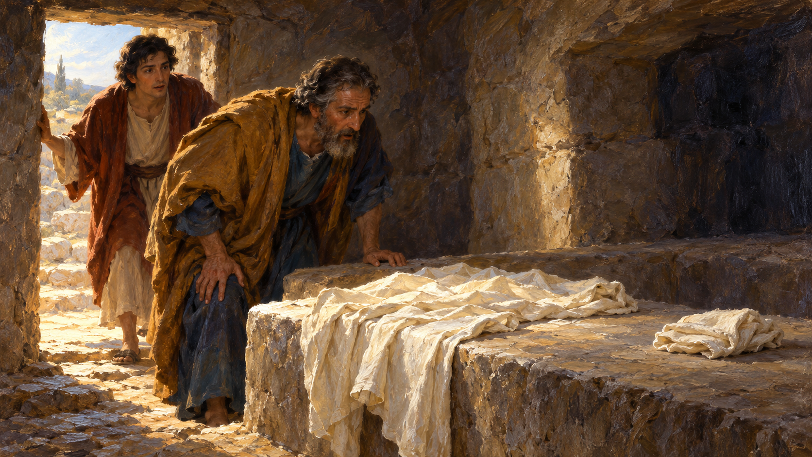 Peter and John See the Grave Clothes – classical oil painting Classical oil painting of Peter and John examining burial linens and a separate face cloth in the empty tomb.