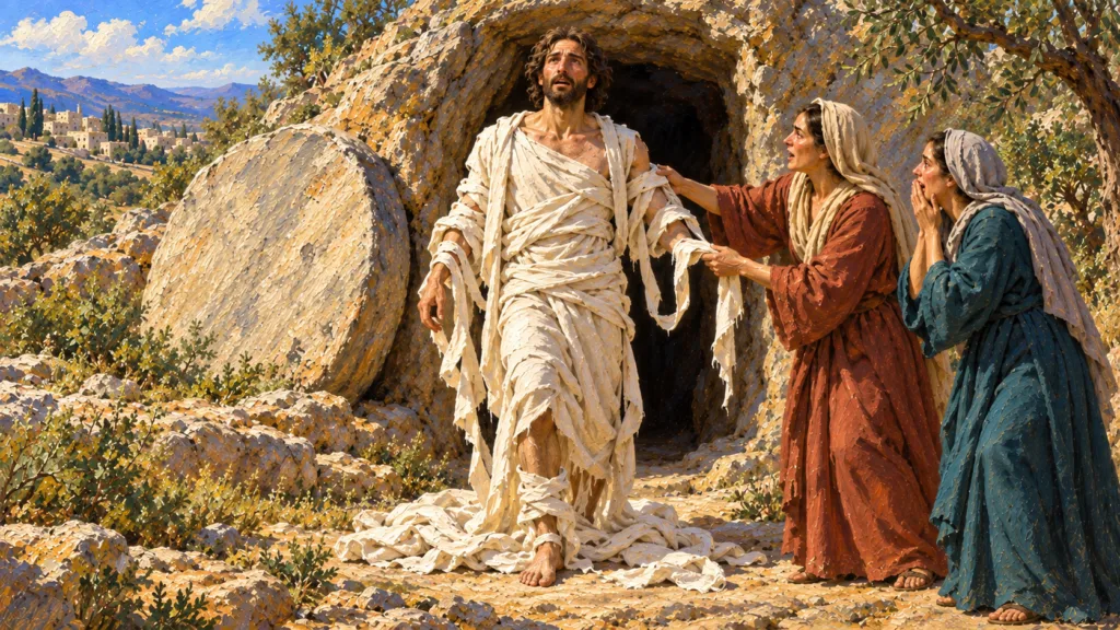 Classical oil painting of Lazarus emerging from the tomb as burial cloth falls loose and a woman helps unwrap him.
