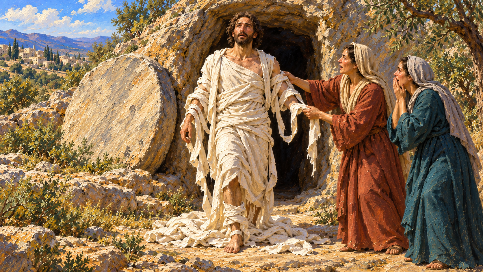 Classical oil painting of Lazarus emerging from the tomb as burial cloth falls loose and a woman helps unwrap him.