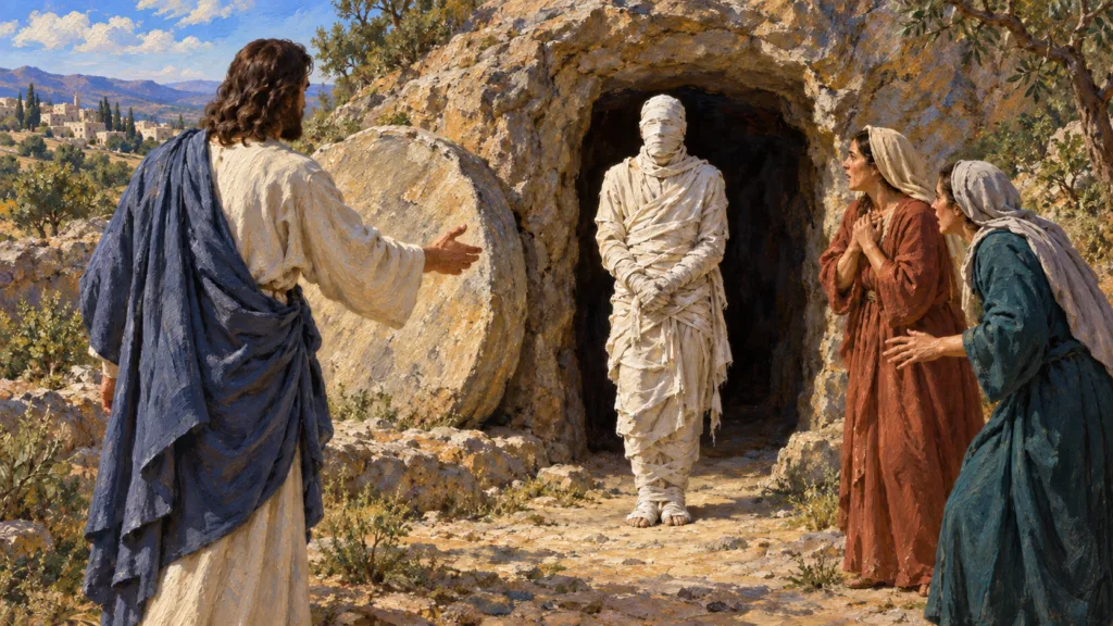 Classical oil painting of Lazarus emerging in burial cloths as Jesus and the sisters stand before the opened tomb.