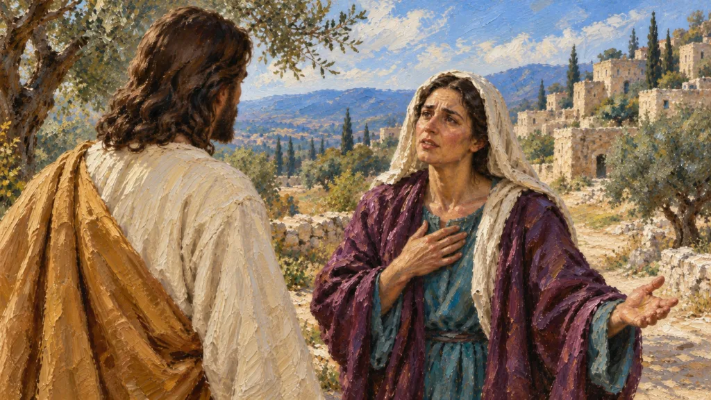 Classical oil painting of Martha speaking to Jesus outside Bethany with grief and faith before Lazarus is raised.
