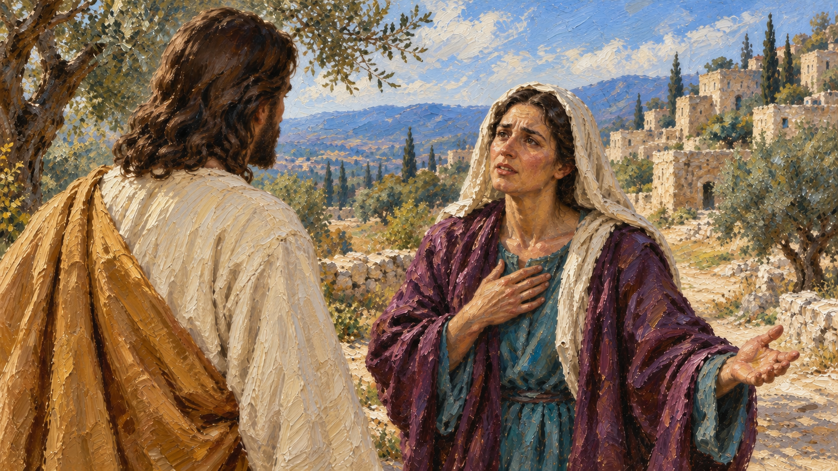 Martha Confesses Her Faith – classical oil painting Classical oil painting of Martha speaking to Jesus outside Bethany with grief and faith before Lazarus is raised.