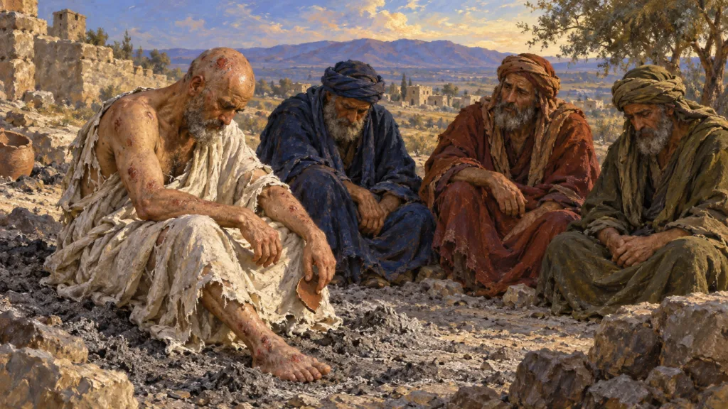 Classical oil painting of afflicted Job seated in ashes with a pottery shard while three friends sit silently beside him.