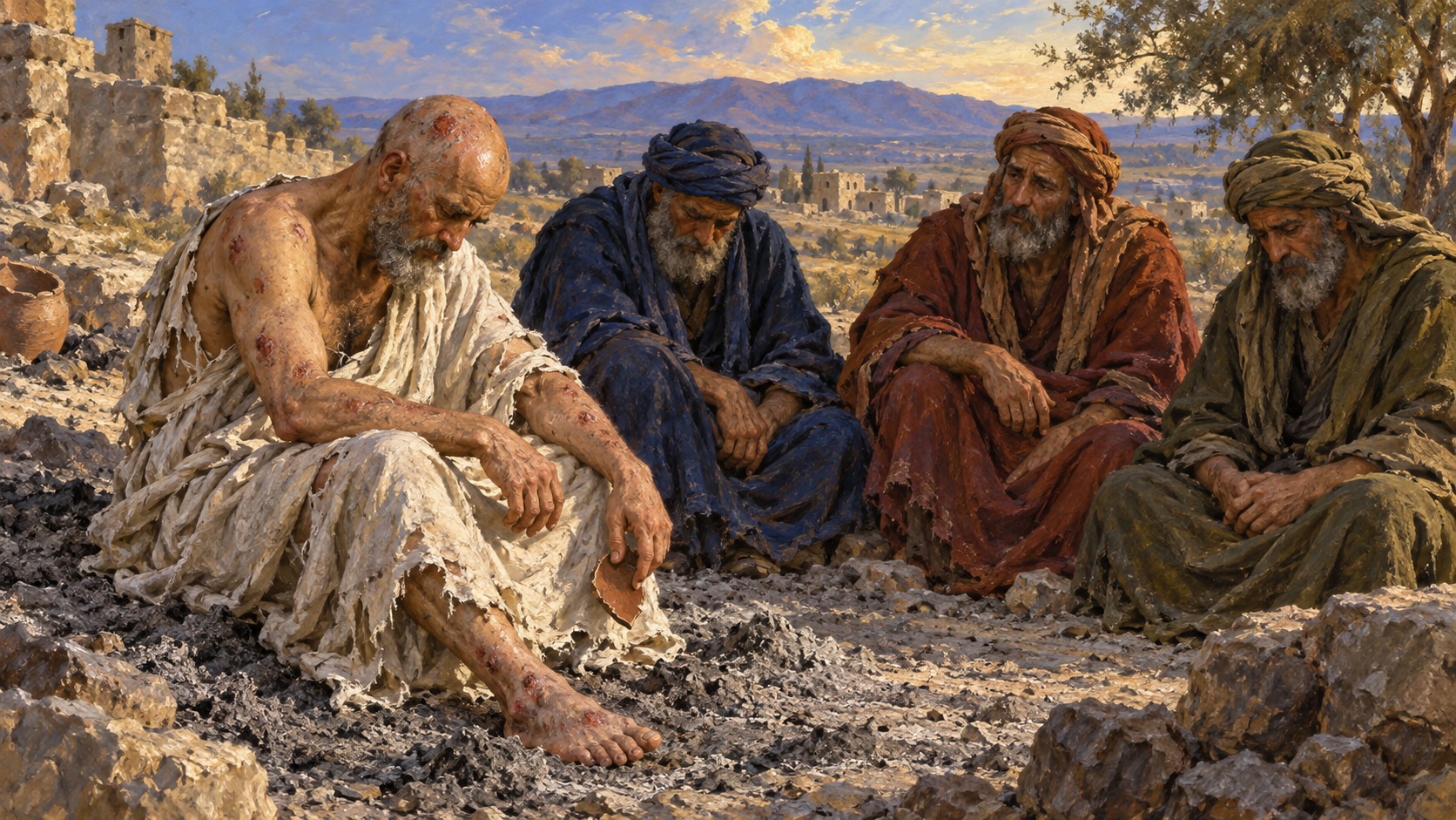 Classical oil painting of afflicted Job seated in ashes with a pottery shard while three friends sit silently beside him.