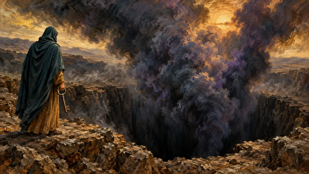 Classical oil painting of smoke rising from the opened shaft of the abyss beside an unidentified agent holding a key.