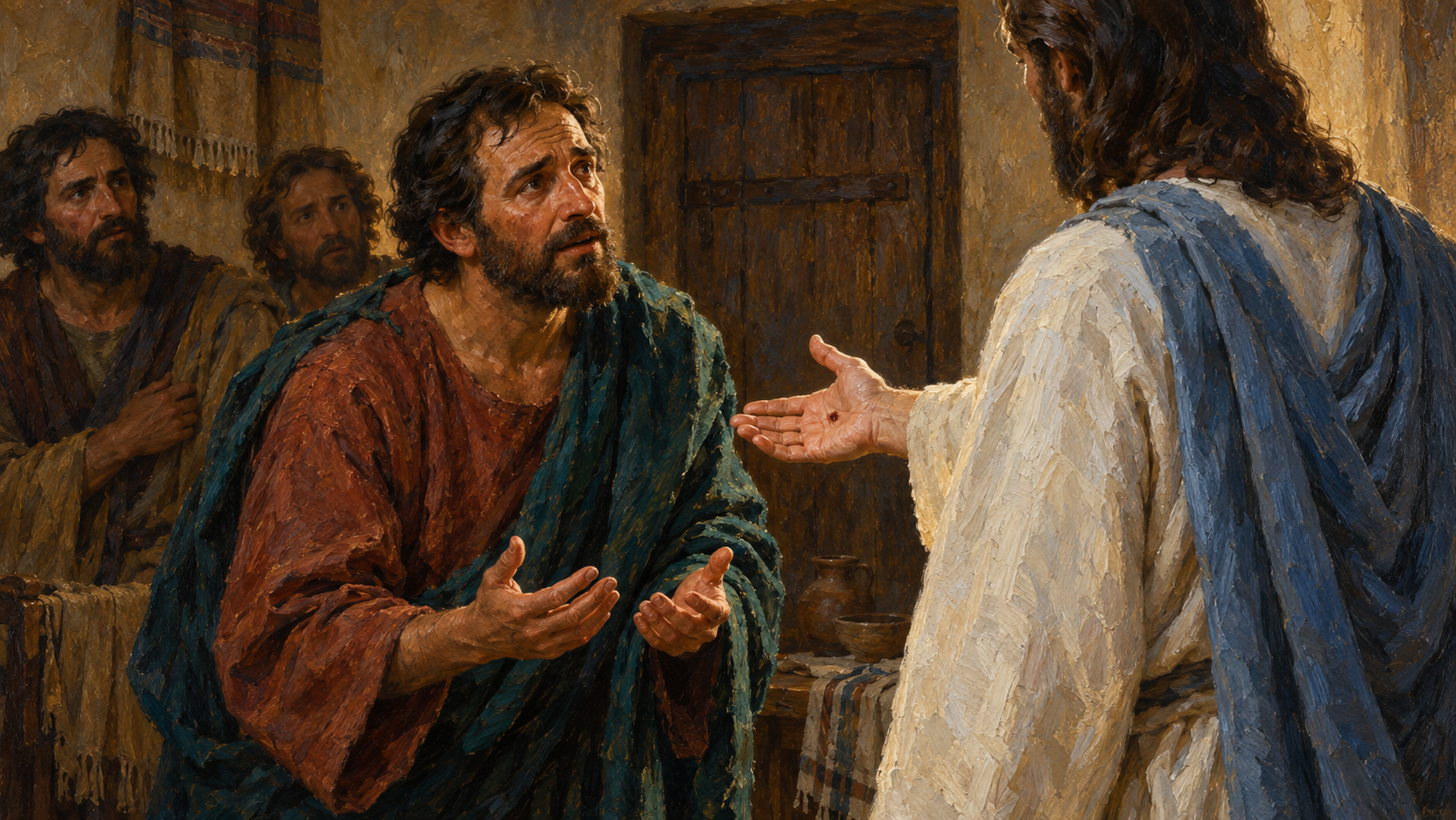 Faith – Thomas Recognizes the Risen Jesus – oil painting Classical oil painting of Thomas responding in faith as the risen Jesus shows His wounded palm.