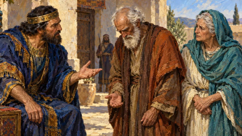 Classical oil painting of Abimelech confronting elderly Abraham beside Sarah after the wife-sister deception.