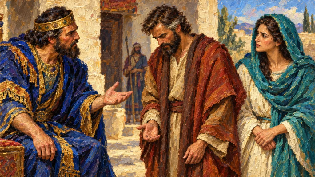 Classical oil painting of Abraham and beautiful Sarah as Abimelech confronts Abraham.
