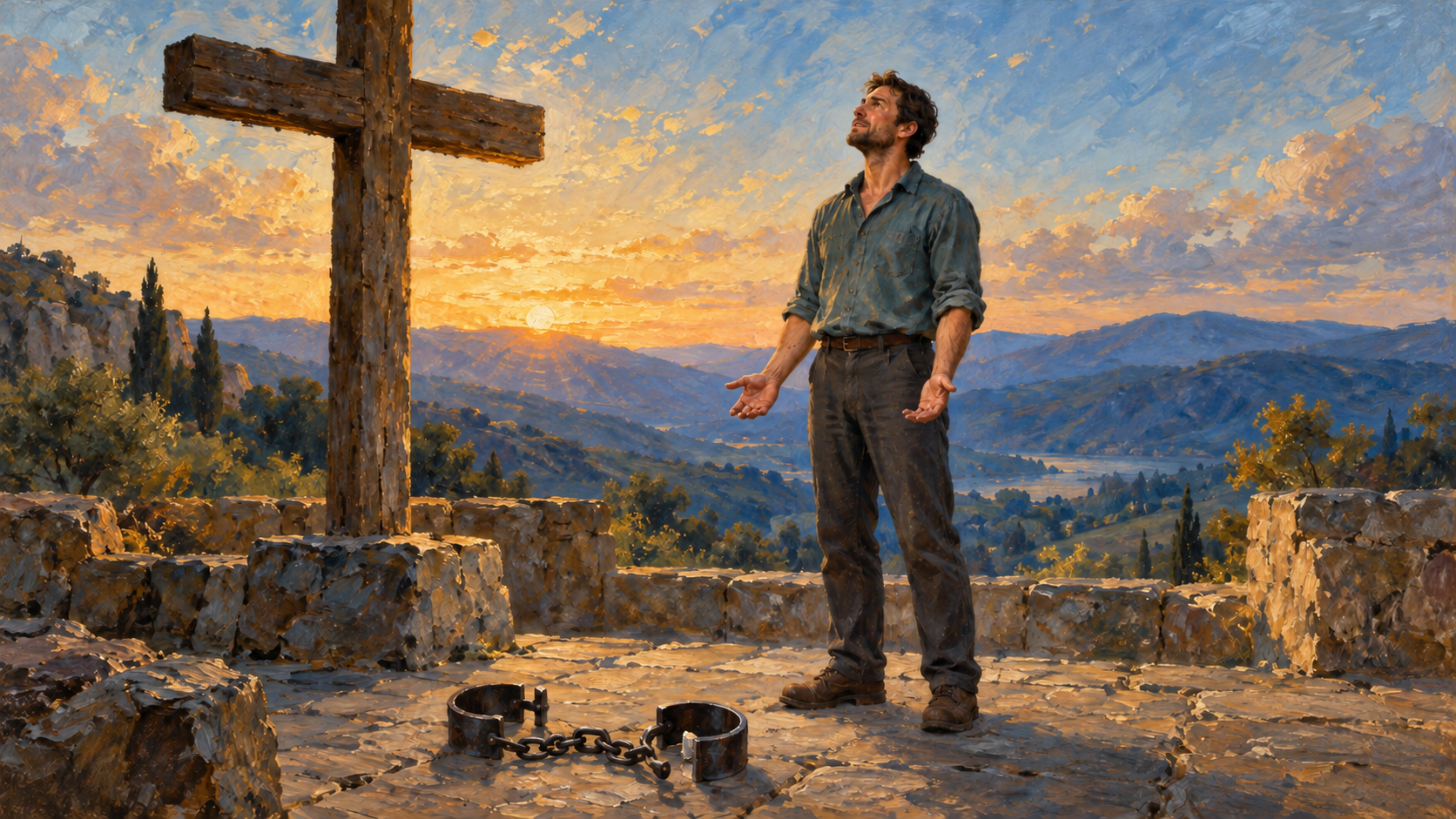 Classical oil allegory of freedom in Christ, with a grateful man beside a cross and open shackles on the ground.