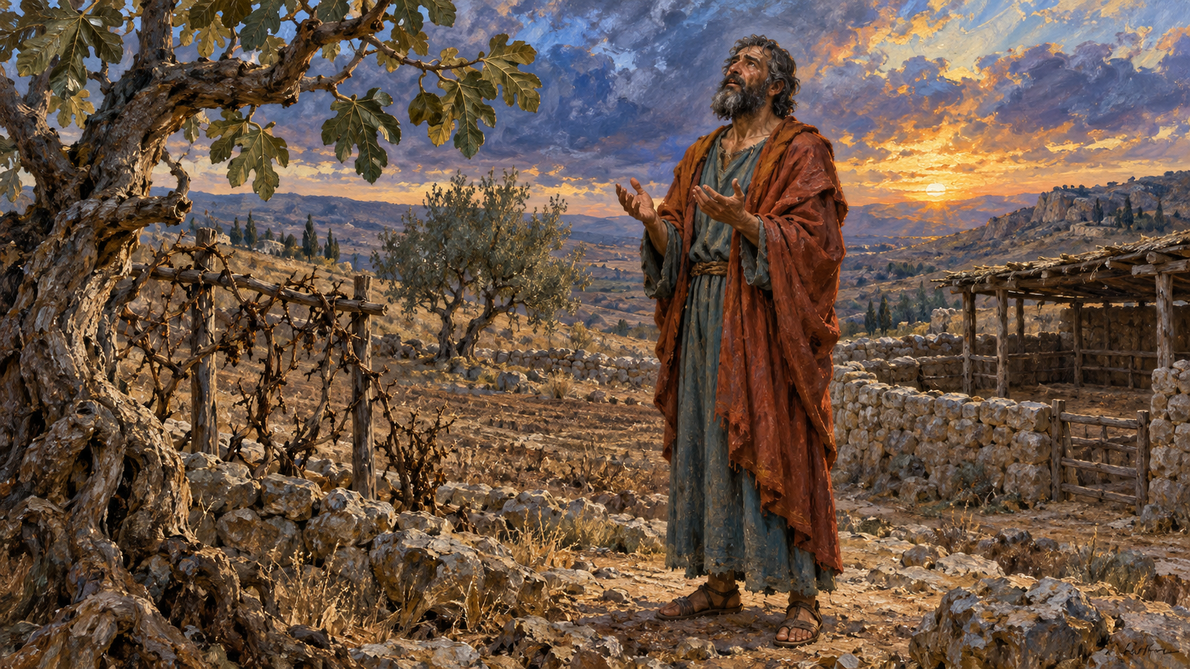 Habakkuk Trusts amid Loss – classical oil painting Classical oil painting of Habakkuk praying beside fruitless trees, failed fields and an empty sheepfold.