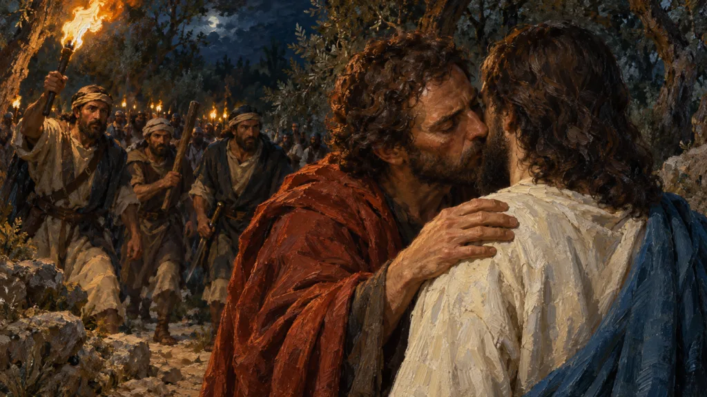 Classical oil painting of Judas kissing Jesus on the cheek as an armed crowd approaches in Gethsemane.