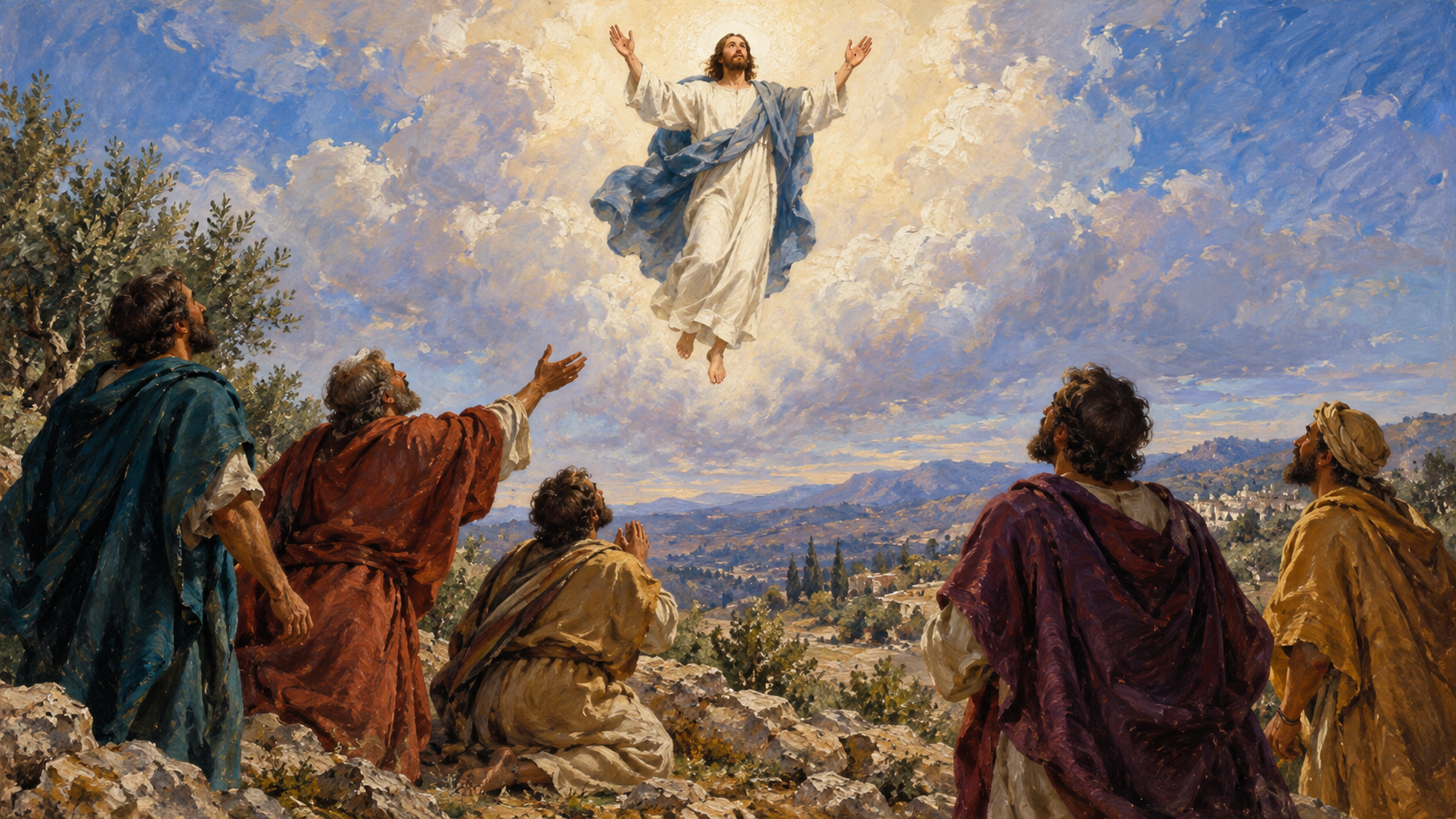 Jesus Ascends before His Disciples – classical oil painting Classical oil painting of Jesus ascending toward a cloud with hands raised in blessing as disciples watch.