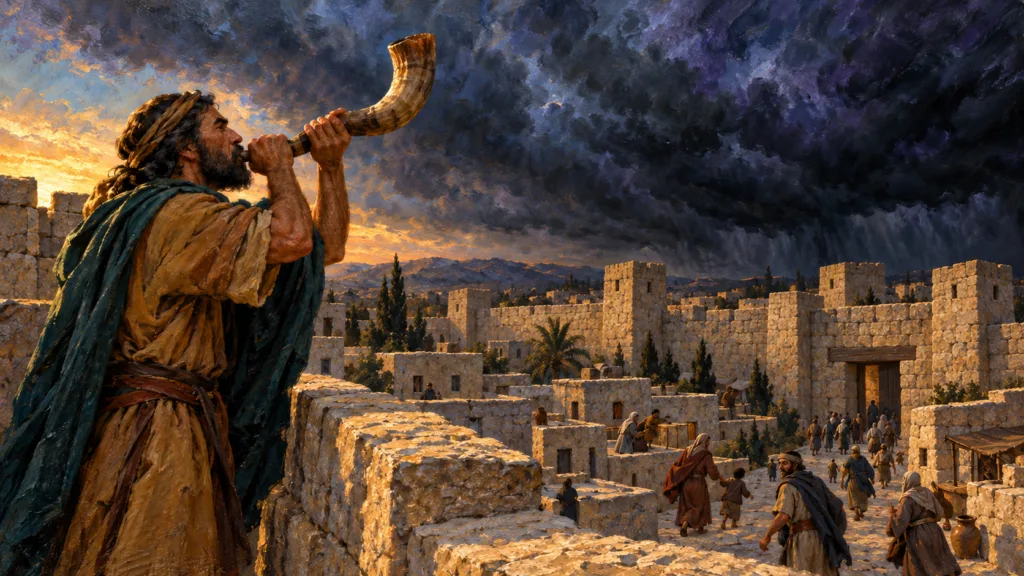 Classical oil painting of a watchman sounding a horn over an ancient fortified city beneath thick dark clouds.