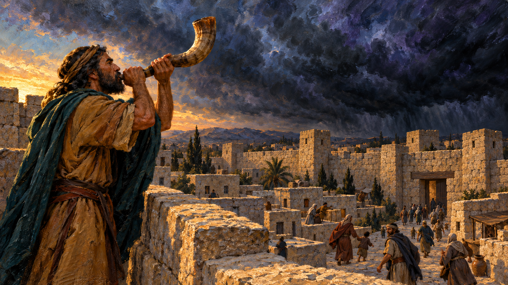 Day of the Lord – Trumpet Alarm – classical oil painting Classical oil painting of a watchman sounding a horn over an ancient fortified city beneath thick dark clouds.