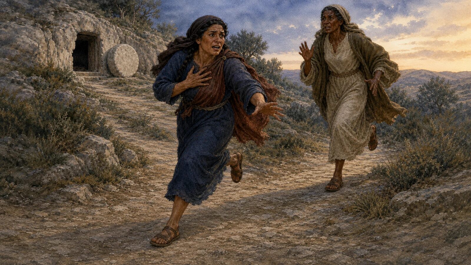 Mary Magdalene and the other Mary run from the empty tomb with fear and joy