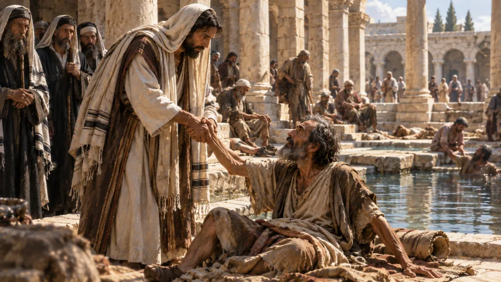 The healing of the blind man at the pool of Bethseda