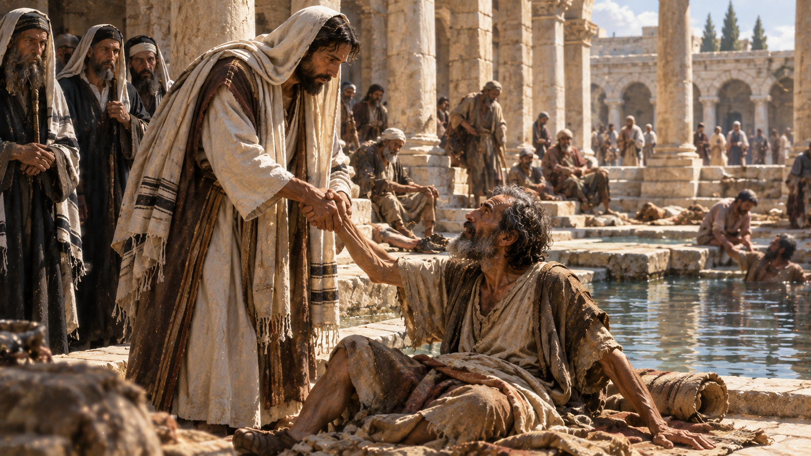 The healing of the blind man at the pool of Bethseda