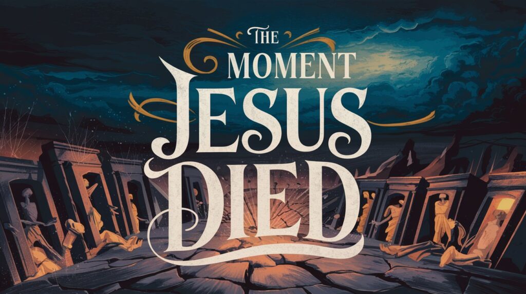 A darkened sky and opened tombs beneath the words The Moment Jesus Died