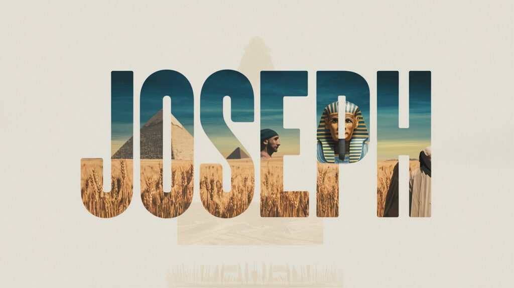 Graphic reading Joseph over a wheat field with pyramids and Egyptian figures