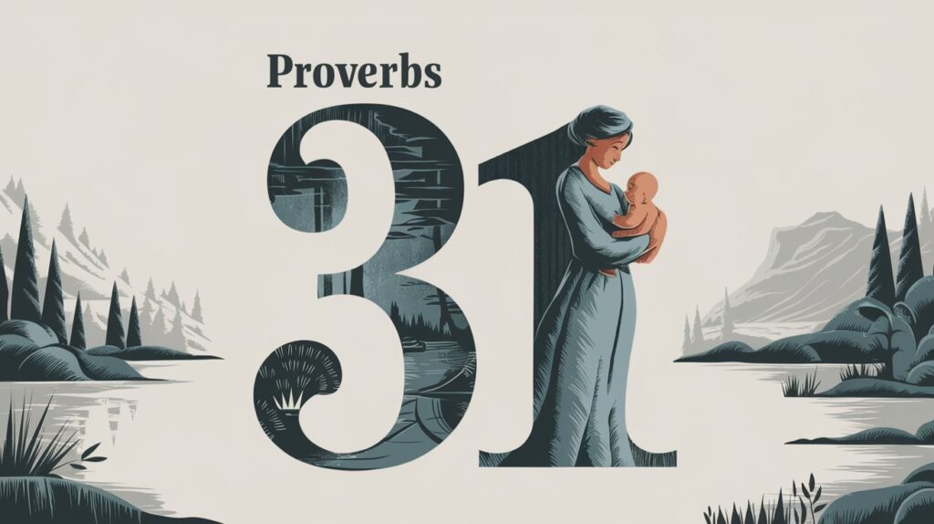Illustration reading Proverbs 31 with a woman holding a baby in a mountain landscape
