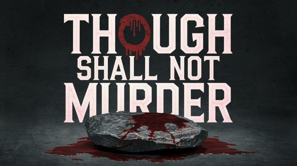 The words Thou Shall Not Murder above a blood-stained stone