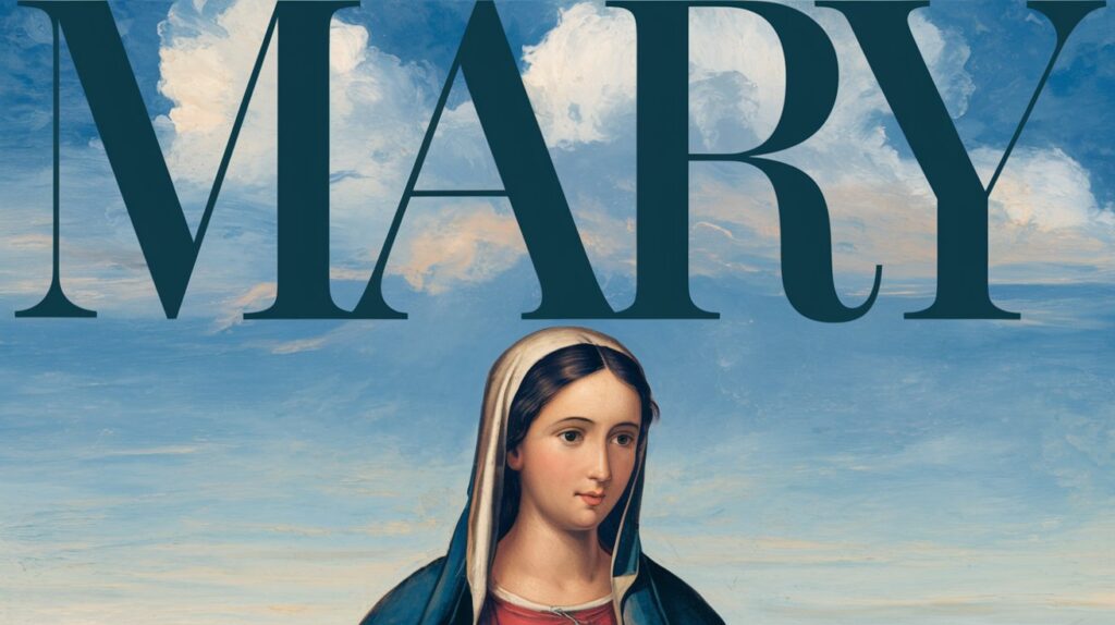 Illustrated portrait of Mary beneath her name against a blue sky