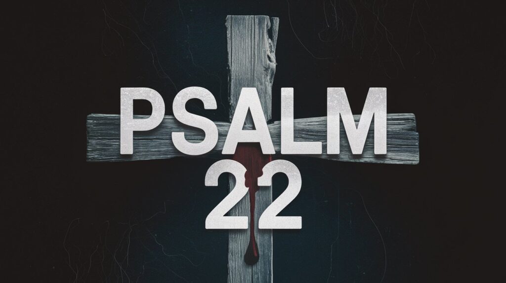 Graphic reading Psalm 22 over a wooden cross with a red trail down its center