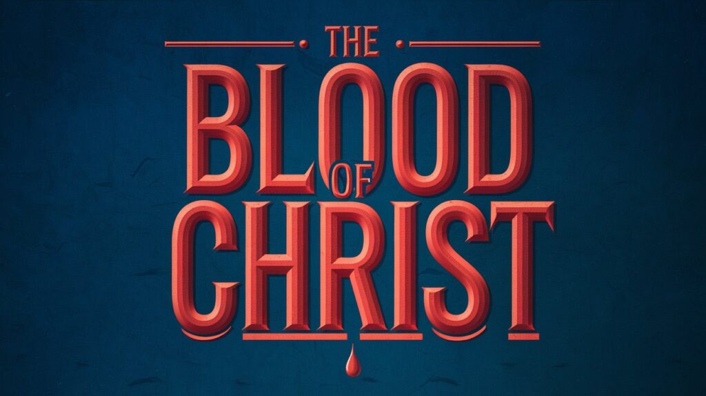 Typographic graphic reading The Blood of Christ in red against a dark blue background