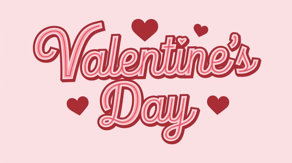 Pink graphic reading Valentine’s Day surrounded by red hearts