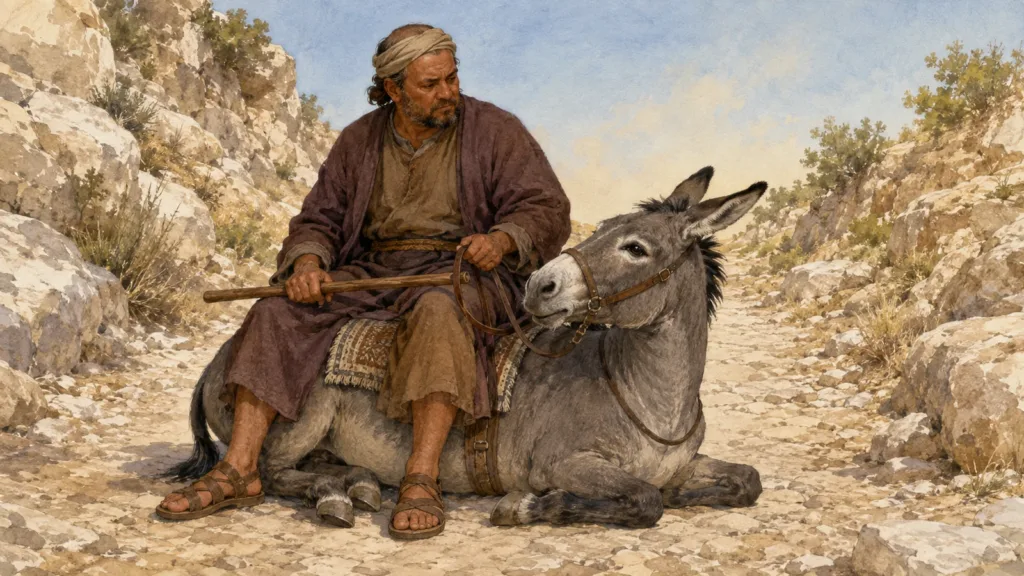 Balaam looks down as his grounded donkey turns to speak on the narrow road