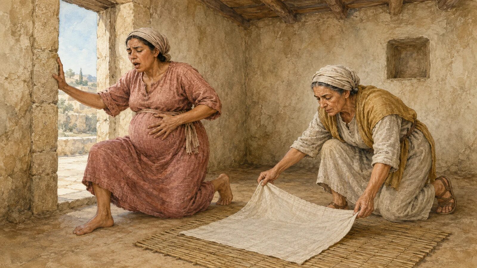 The Beginning of Birth Pains A woman braces through an early labor contraction while an attendant prepares a cloth