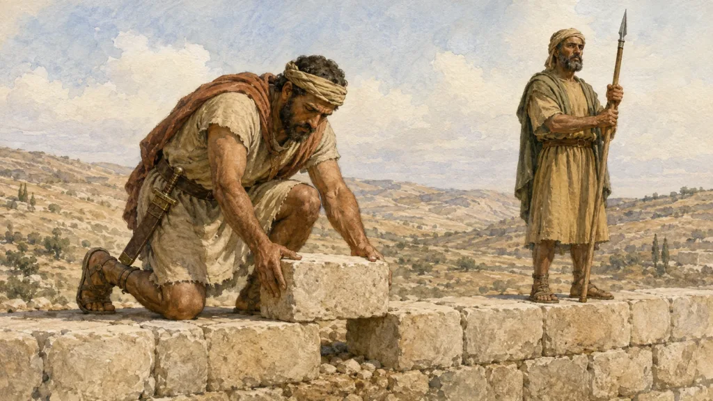 A mason sets a stone while a watchman guards Jerusalem’s unfinished wall