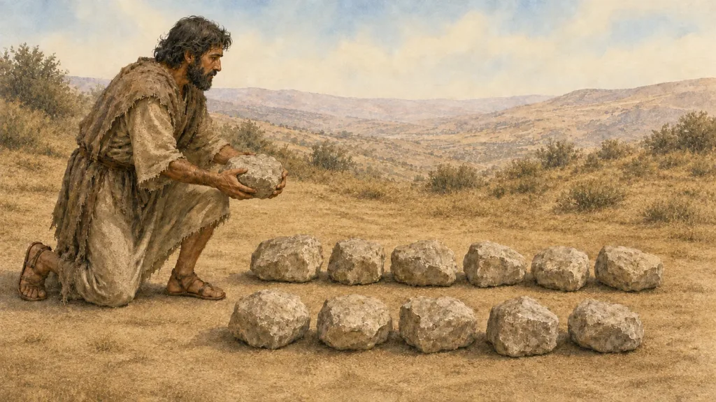 Elijah carrying the twelfth stone toward eleven stones representing the tribes of Israel