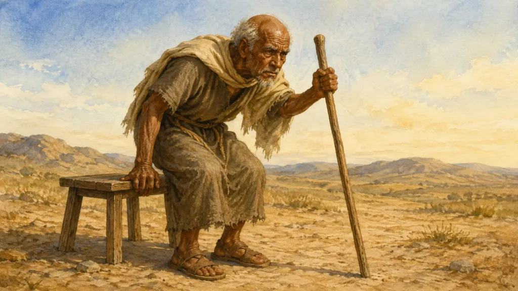 An extremely old Methuselah braces on a stool and walking staff as he rises