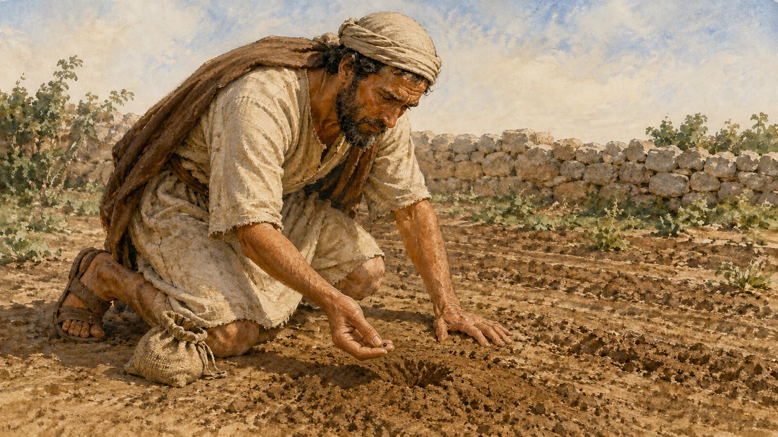 Mustard Seed Small Beginning A first-century gardener holds one tiny mustard seed above soil before planting it
