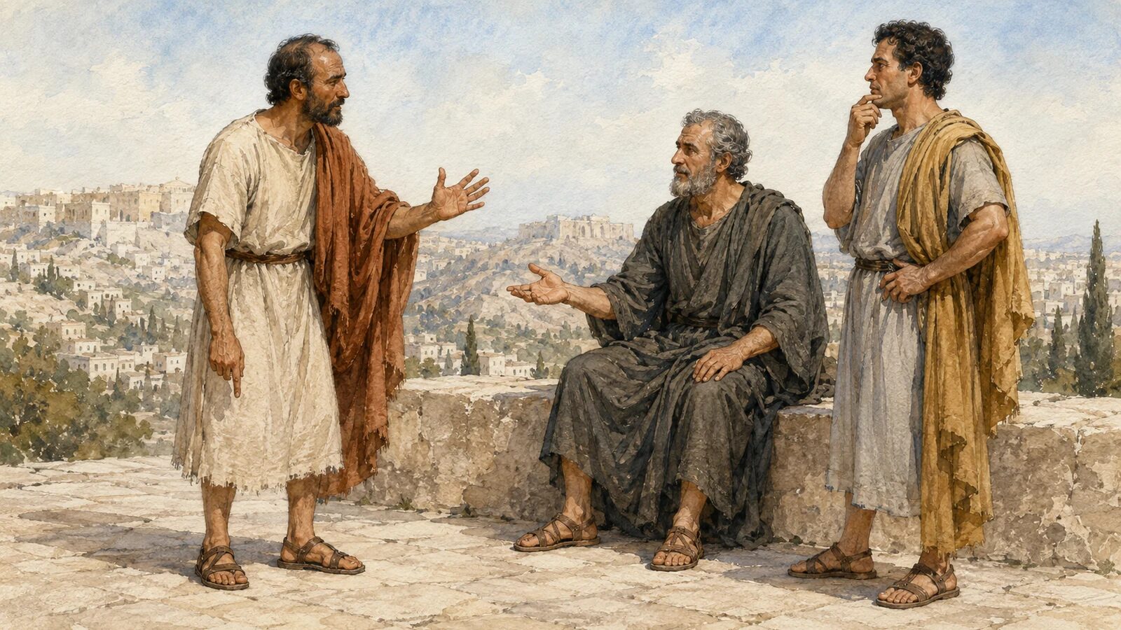 Paul reasons with two Athenian philosophers at the Areopagus