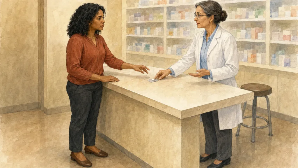 A pharmacist offers a single-tablet blister during a private consultation