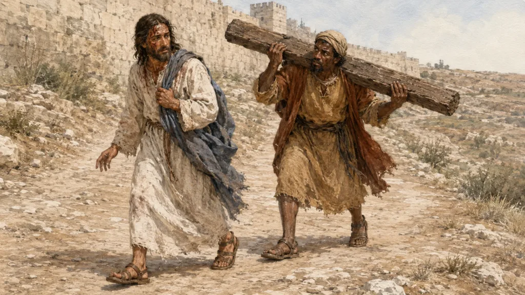 Simon of Cyrene carries the cross behind Jesus on the road outside Jerusalem