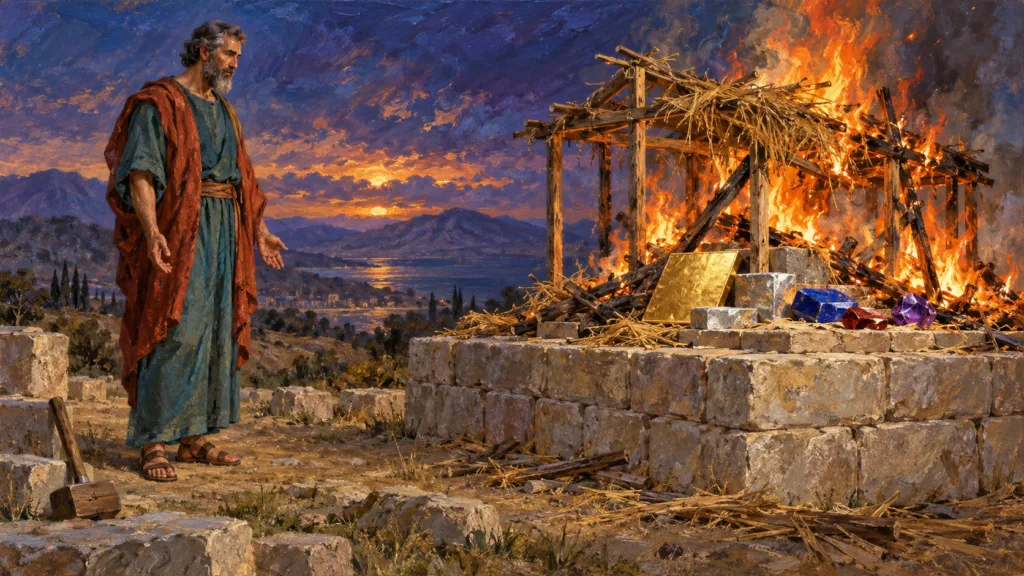 Classical oil allegory of a safe worker watching building materials tested by fire on an intact stone foundation.