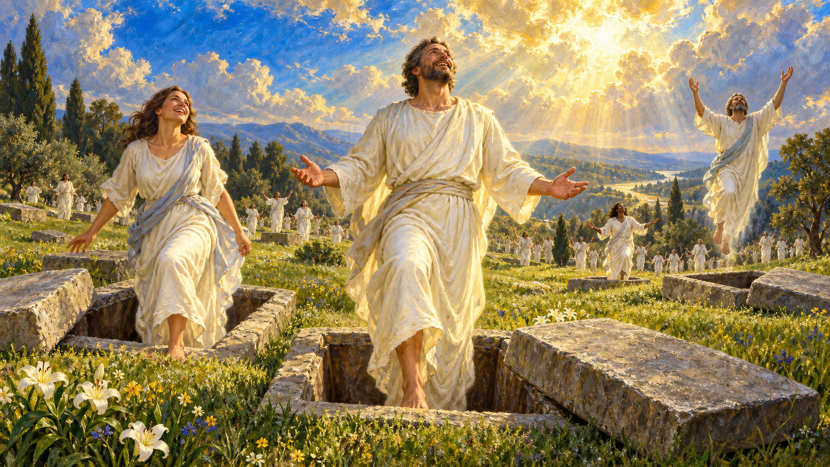 Classical oil painting of joyful resurrected believers rising bodily from open graves beneath a radiant blue and golden sky.