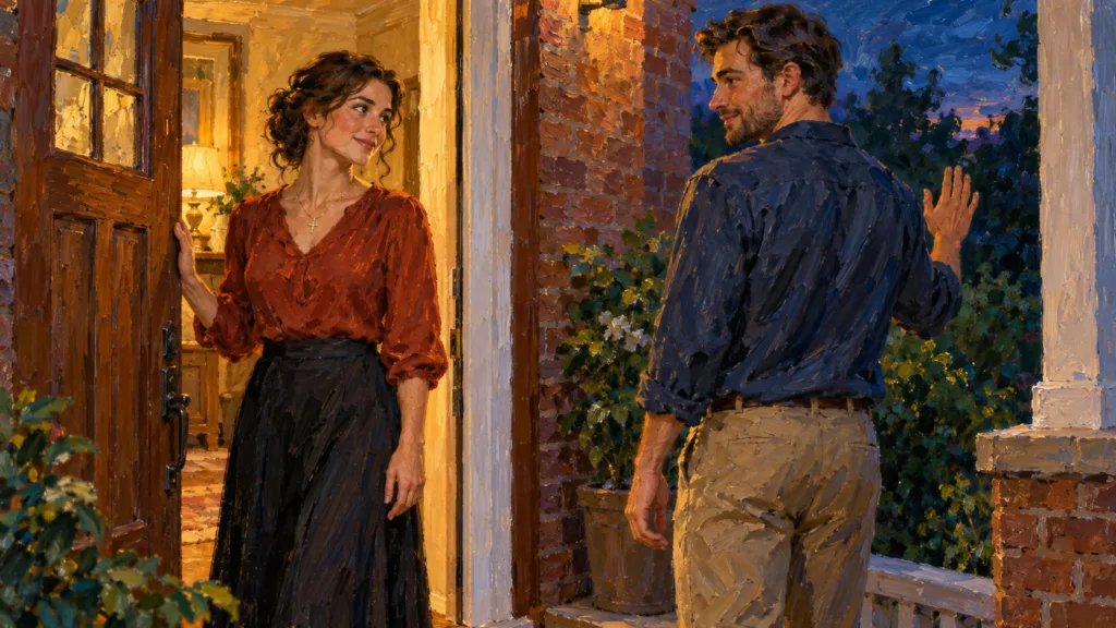 A dating couple says a respectful goodnight at a doorway in a classical oil painting.