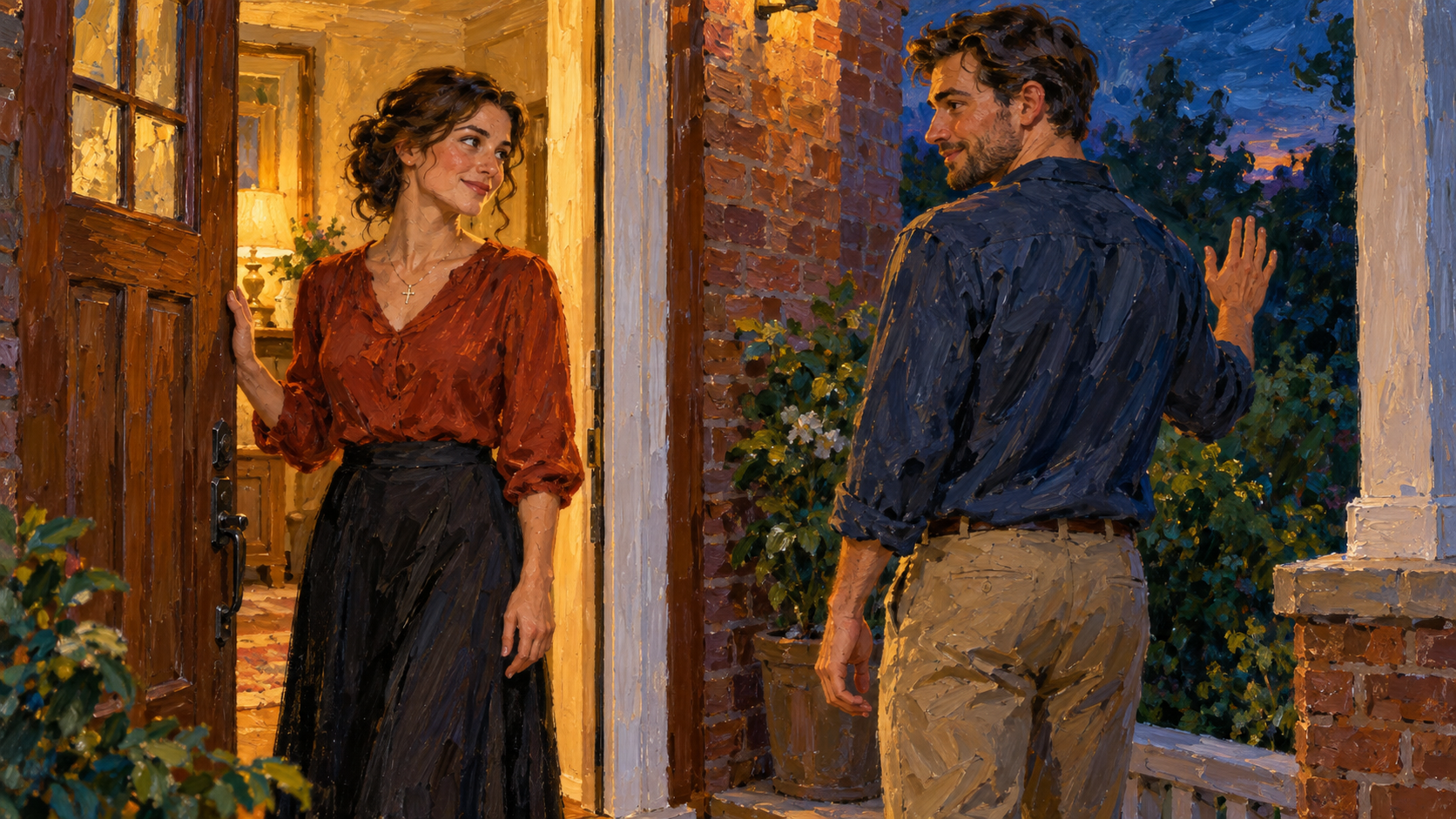 A dating couple says a respectful goodnight at a doorway in a classical oil painting.