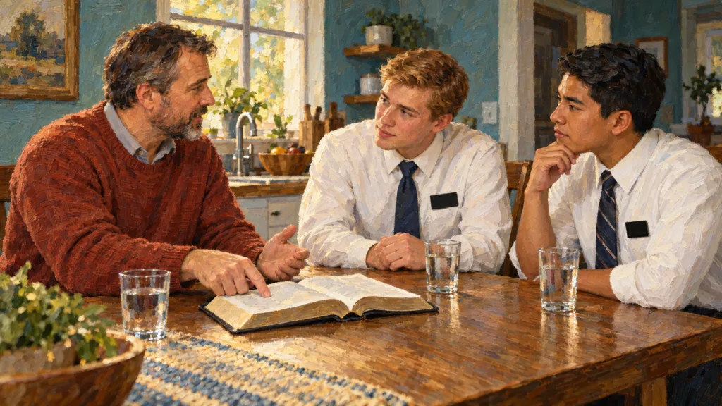 A Christian host studies an open Bible with two visiting missionaries at a kitchen table, painted in oils.