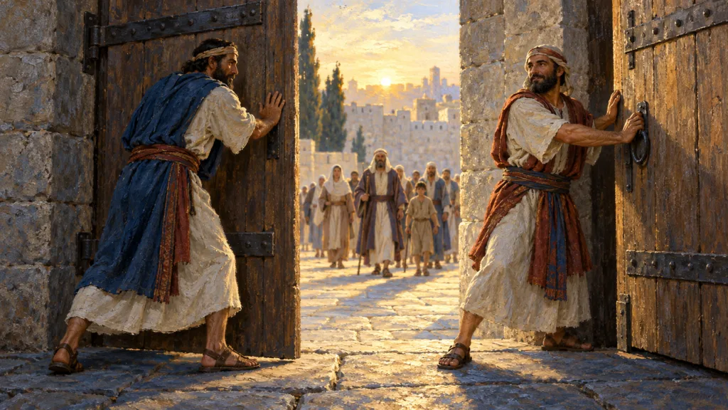 Korahite gatekeepers open wooden sanctuary gates at dawn as worshipers approach, painted in oils.
