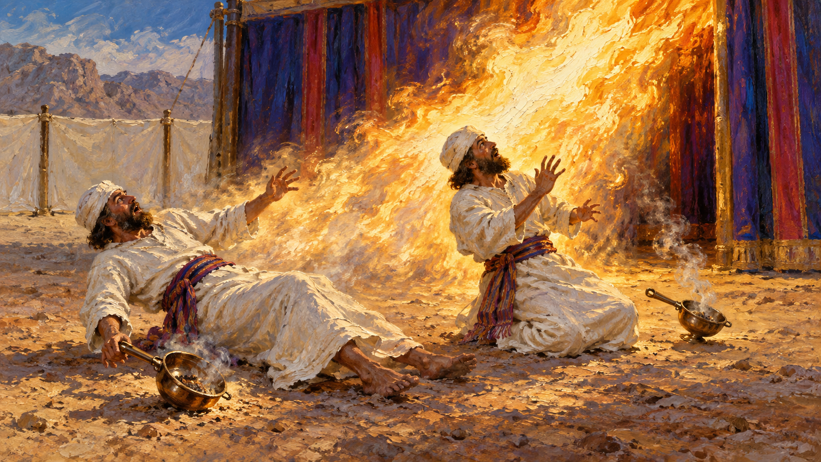 Nadab and Abihu strange fire oil painting Nadab and Abihu fall beside their incense pans as fire comes from the sanctuary, painted in oils.