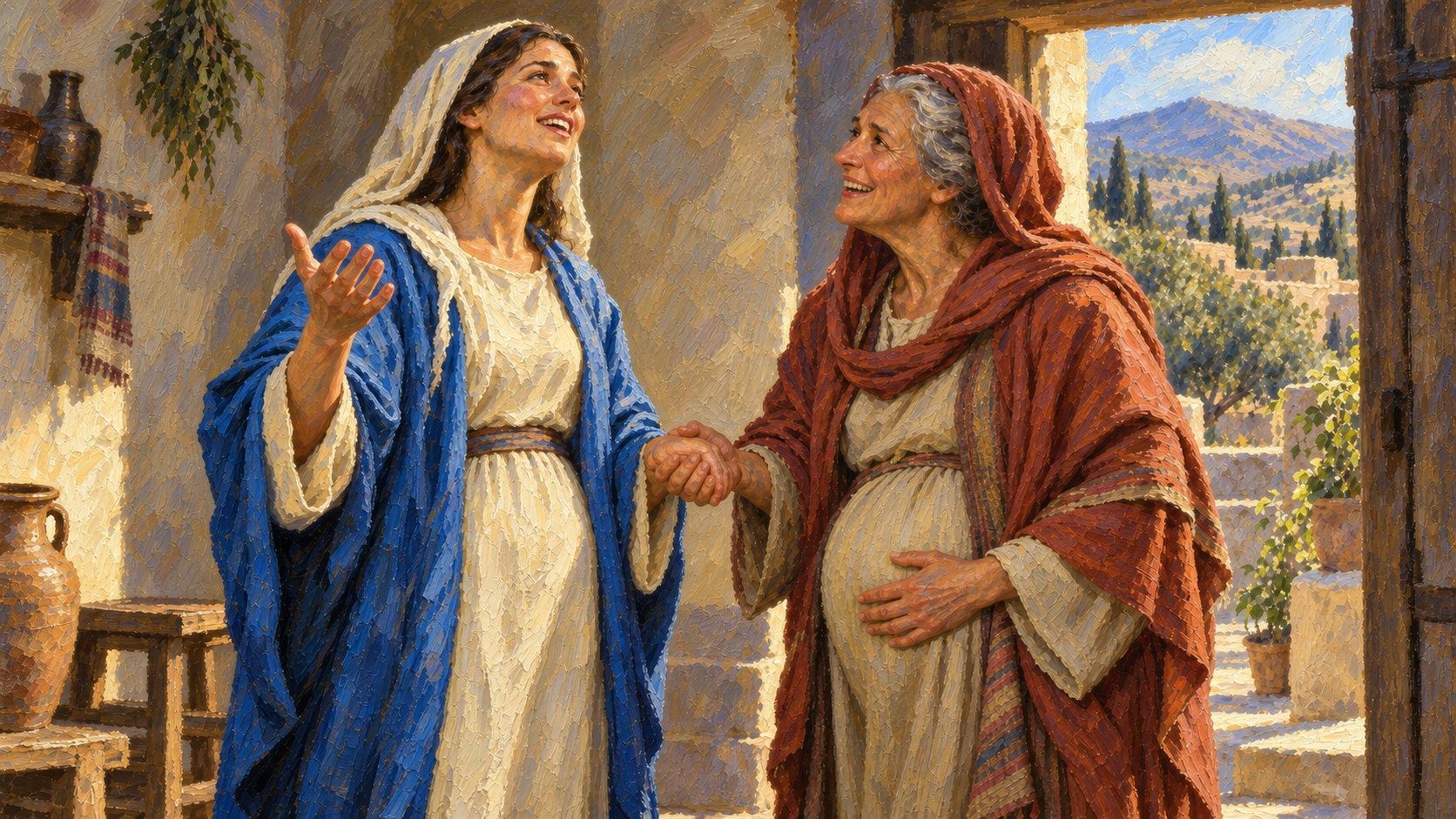 Mary and Elizabeth praising God oil painting Mary praises God while Elizabeth welcomes her in a Judean home, painted in classical oils.
