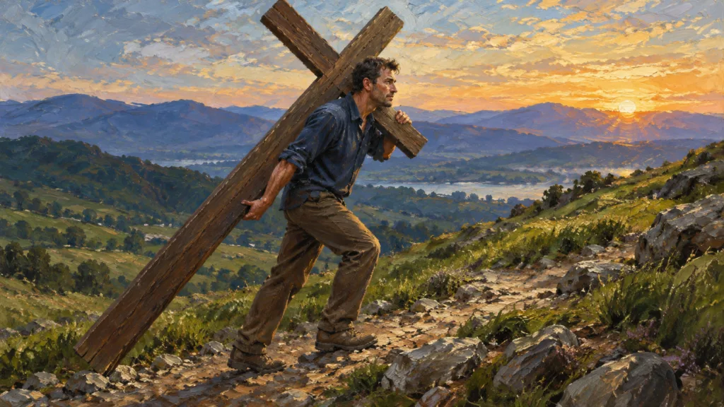 A man carries a wooden cross along a hillside path, an oil-painted metaphor of Christian discipleship.