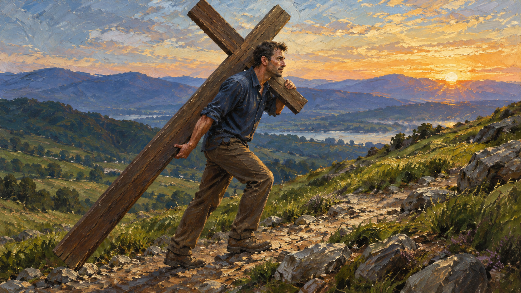 A man carries a wooden cross along a hillside path, an oil-painted metaphor of Christian discipleship.